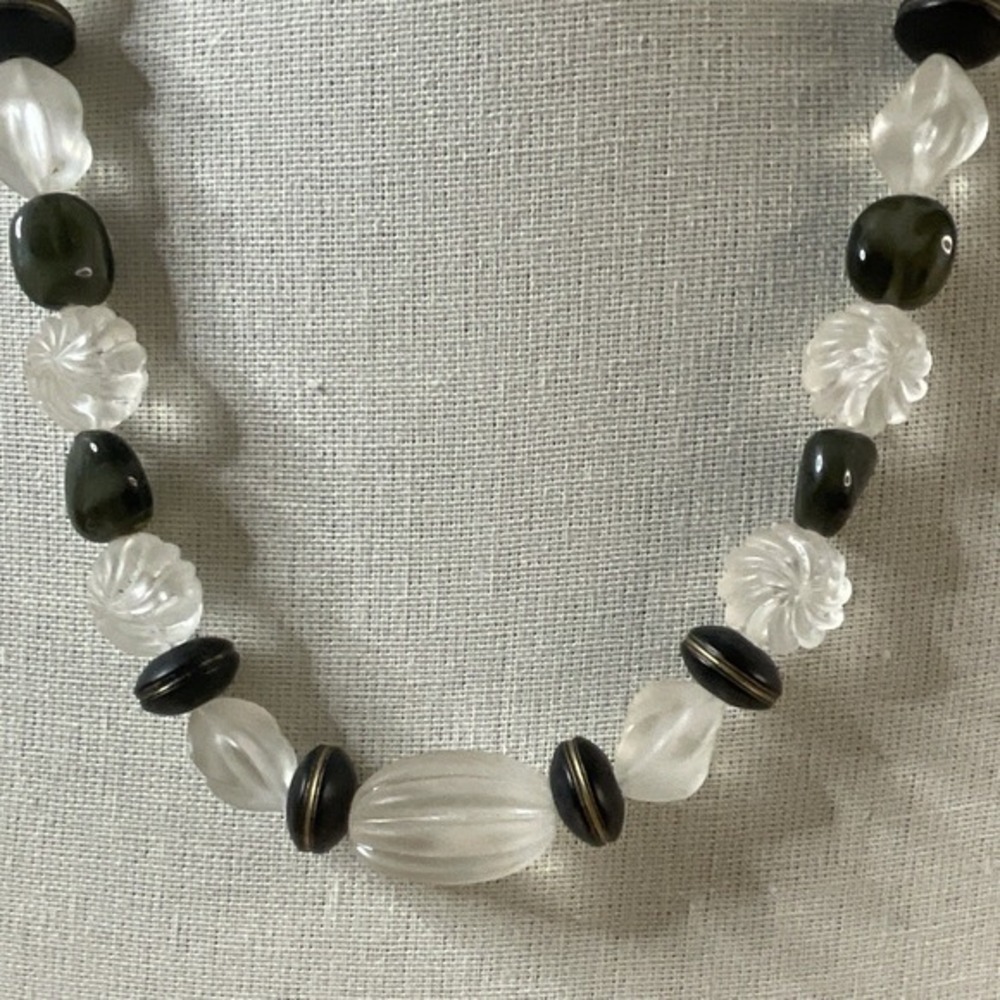 Vintage‎ Frosted Lucite Bead Necklace Black Wood & Glass Chunky Retro 1980s 25"